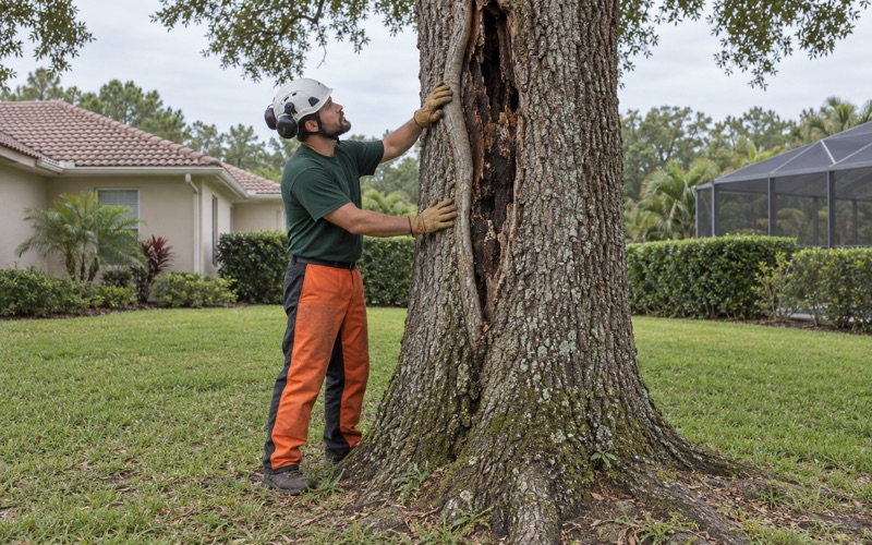Worker examining a decay seam on a laurel oak bole in a North Port yard.