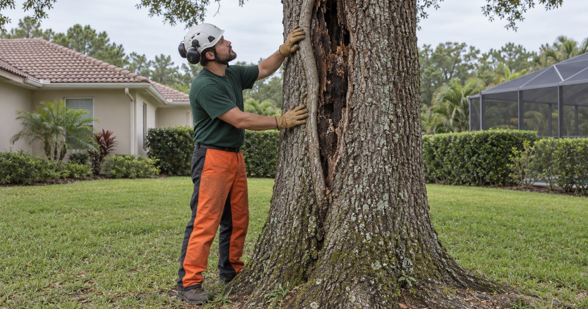 Worker examining a decay seam on a laurel oak bole in a North Port yard.