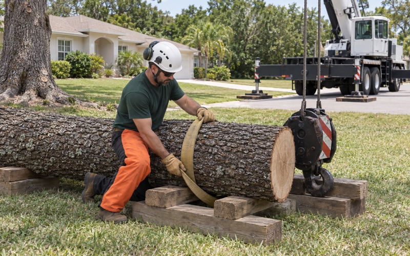 Worker dressing a choker strap around a live oak section on cribbing in North Port.