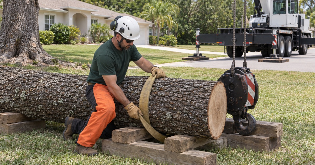 Worker dressing a choker strap around a live oak section on cribbing in North Port.