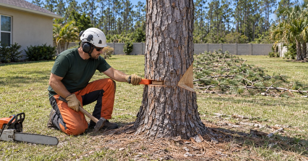 Worker setting a felling wedge in the back cut of a dead longleaf pine in North Port.