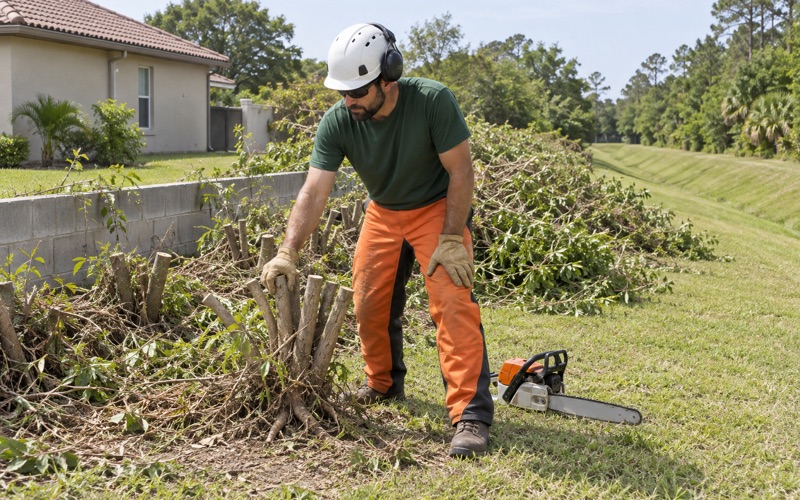 Worker pulling a cut Brazilian pepper stem cluster out of a North Port hedgerow.