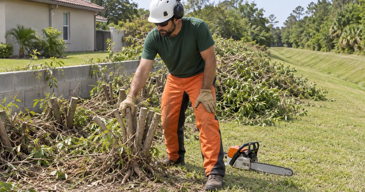 Worker pulling a cut Brazilian pepper stem cluster out of a North Port hedgerow.
