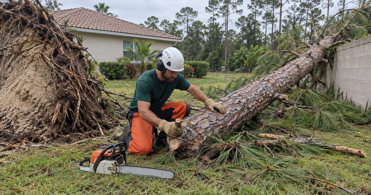 Worker at the butt of a windthrown slash pine leaning on a block boundary wall in North Port.
