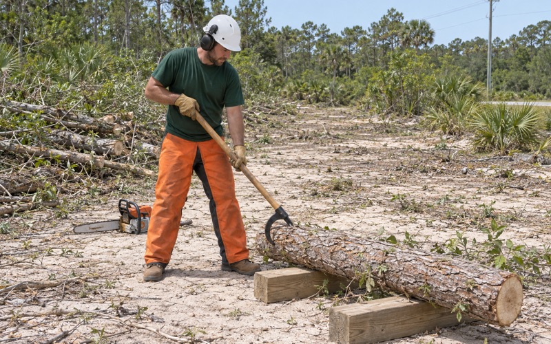 Worker rolling a cut earleaf acacia log onto a bunk on a North Port lot.