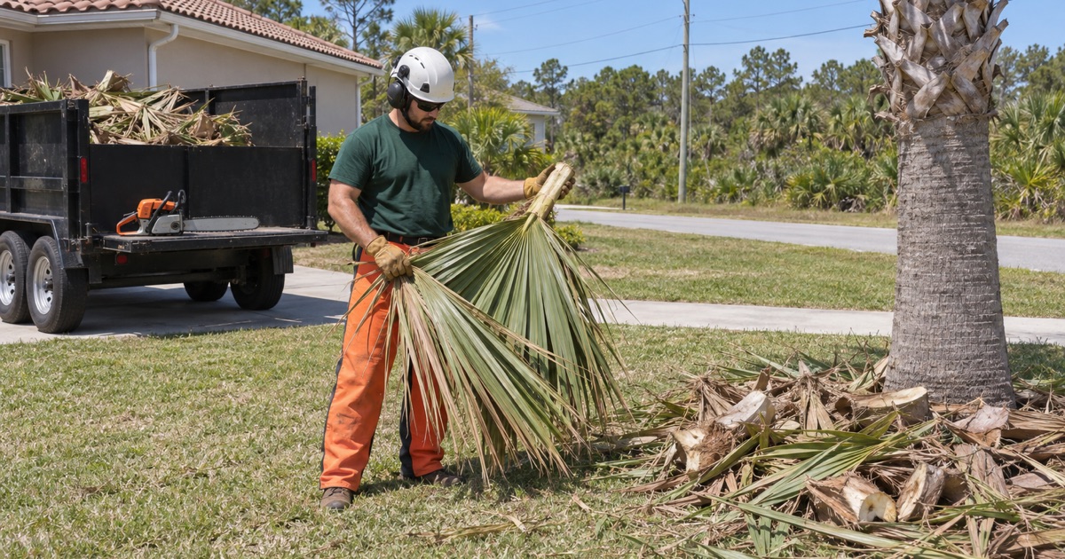 Worker gathering cut sabal palm frond bases on a North Port lot.
