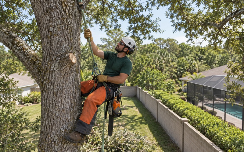 Climber cutting a laurel oak limb back to the collar above a boundary wall in North Port.