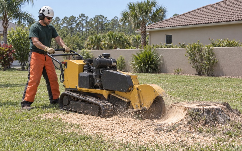 Worker sweeping a grinder wheel across a live oak stump face in North Port.