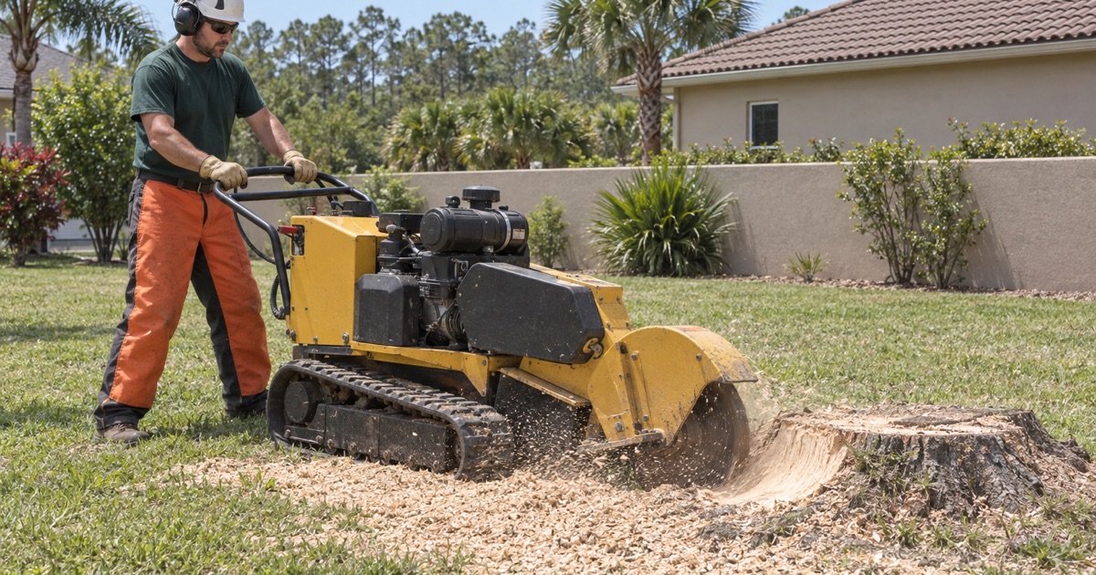 Worker sweeping a grinder wheel across a live oak stump face in North Port.