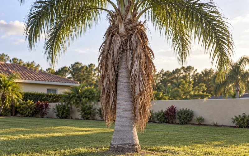 Older fronds of a declining queen palm hanging down against the trunk in North Port.
