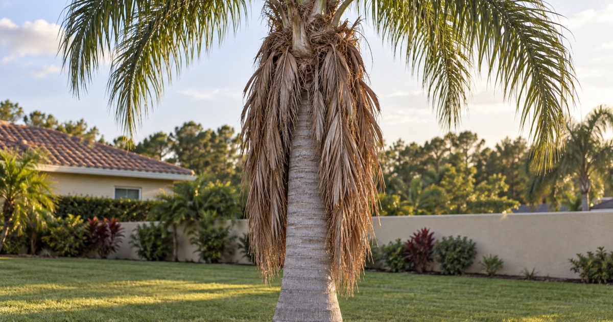 Older fronds of a declining queen palm hanging down against the trunk in North Port.