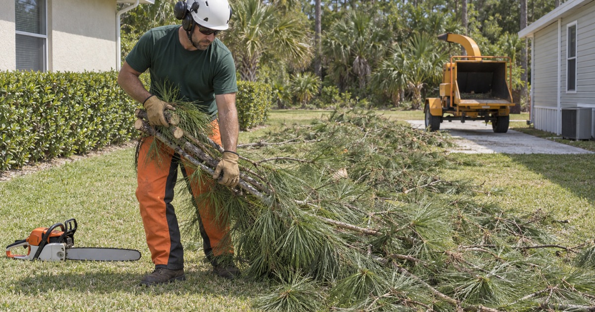 Worker carrying a bundle of slash pine brushwood on an Englewood lot.