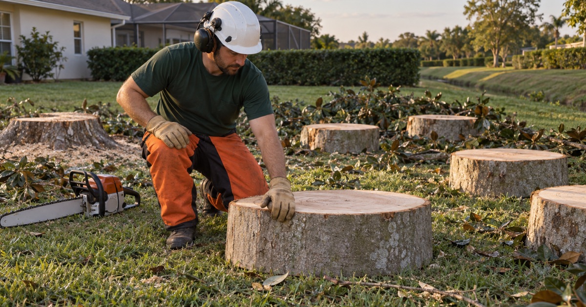 Worker at a cut southern magnolia round in a Fruitville back yard.