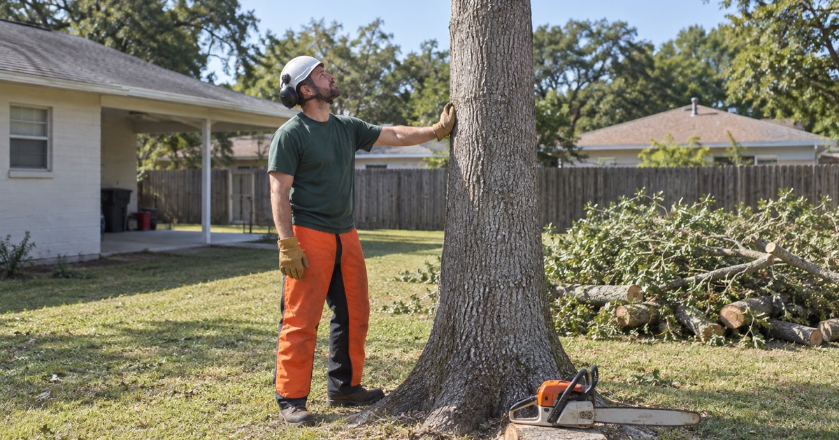 Worker beside a stripped laurel oak spar on a Kensington Park lot.