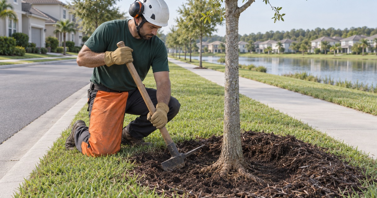 Worker opening the root collar of a young planted live oak in a Lakewood Ranch village.