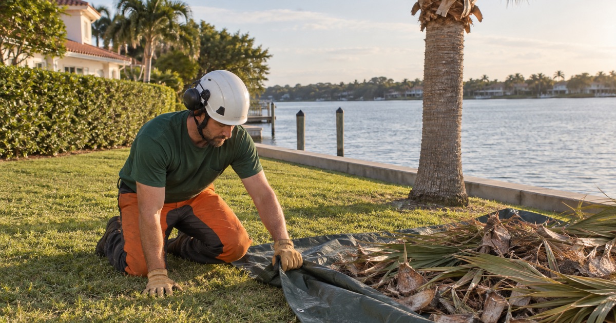 Worker gathering cut cabbage palm fronds on a Nokomis waterside lot.