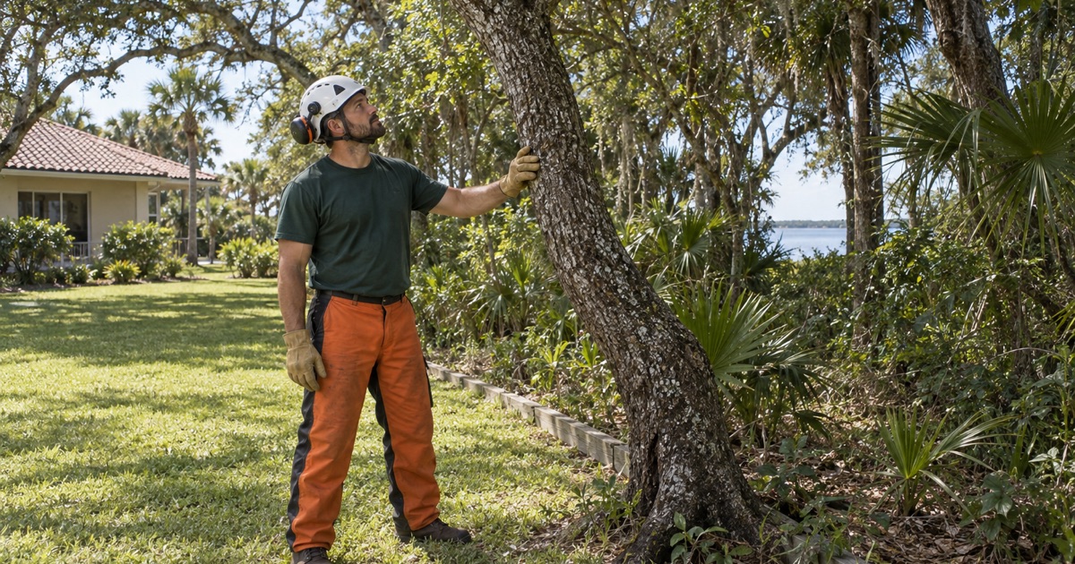 Worker with a hand on a sand live oak stem at the edge of old hammock in Osprey.