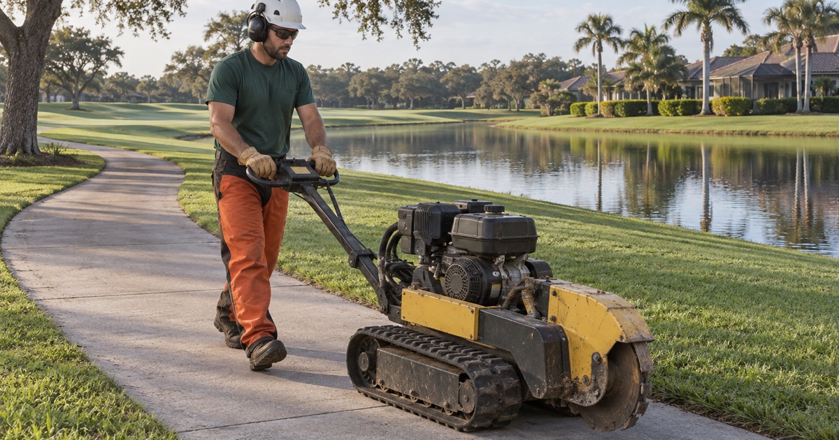 Worker moving a stump grinder along a cart path on a Plantation golf community lot.