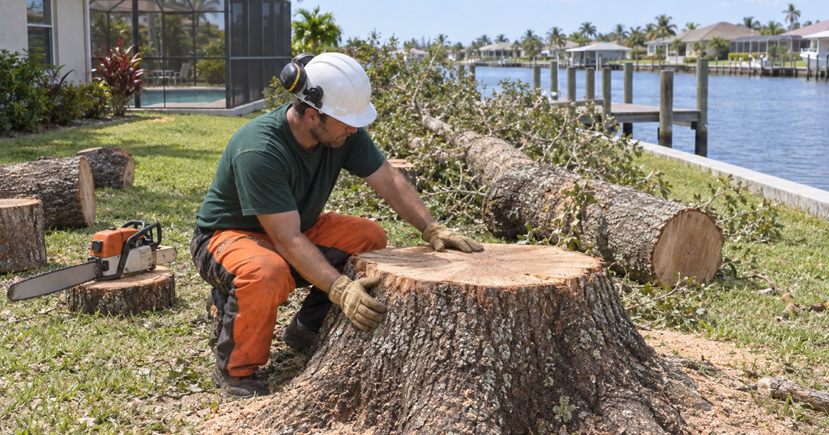 Worker at the flared stump face of a felled laurel oak on a Port Charlotte canal lot.