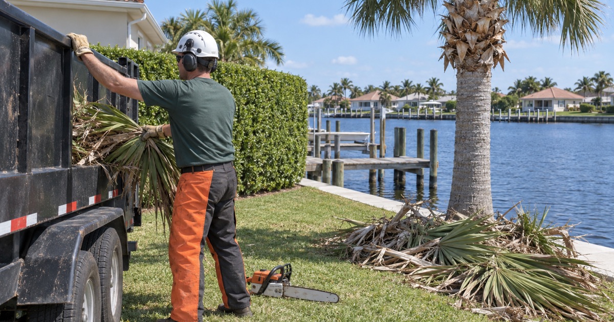 Worker loading cut cabbage palm fronds into a chip box on a Punta Gorda canal lot.