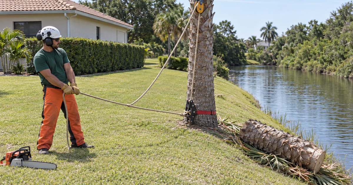Worker on the rope tail as a sabal palm section is lowered on a Rotonda canal bank.