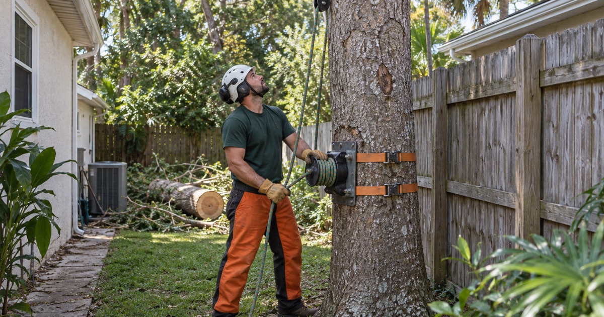 Worker taking a wrap on the bollard at the base of a laurel oak on a narrow Sarasota lot.