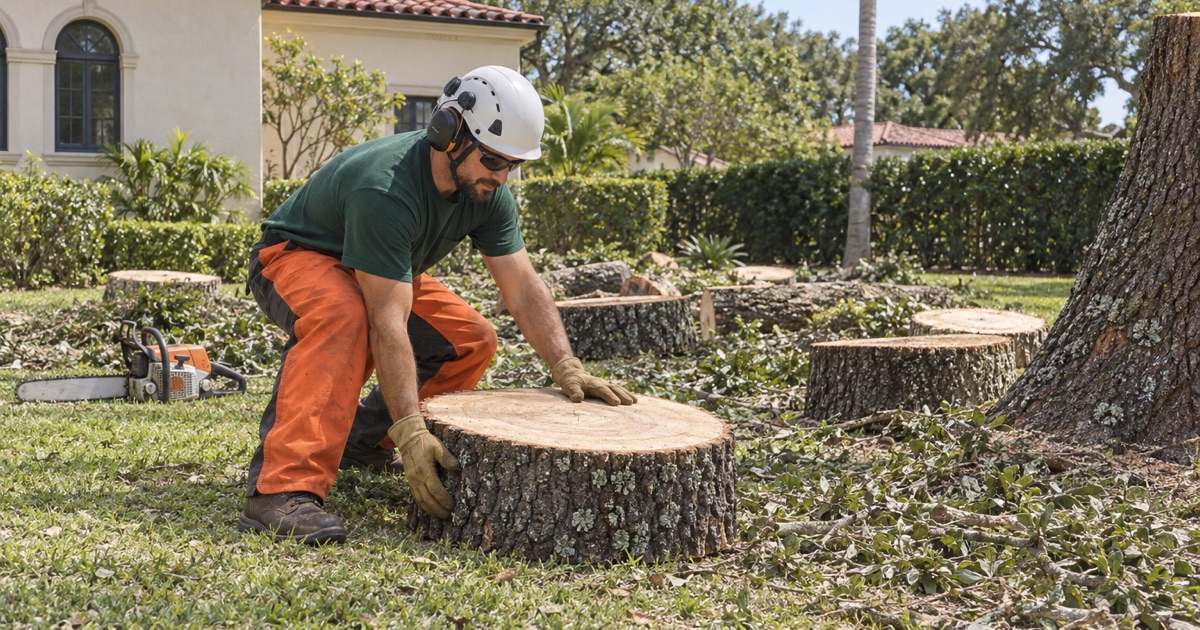 Worker at a cut live oak round in a Venice historic district back yard.